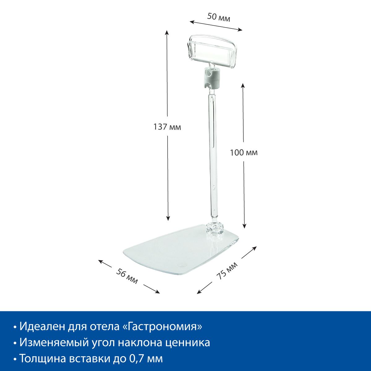 Ценникодержатель шарнирный на подставке FOT-CLIP ножка 100мм, цвет прозрачный